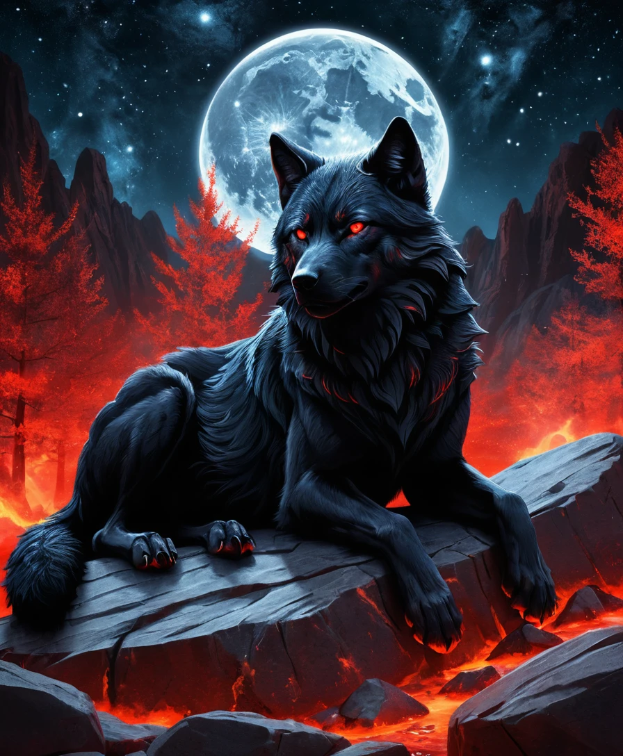 Lobo negro de olhos vermelhos em chamas cósmicas em espiral