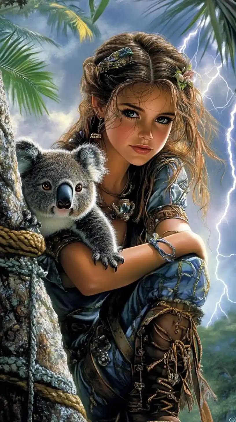 Smiling woman hugging a koala beneath stormy lightning sky