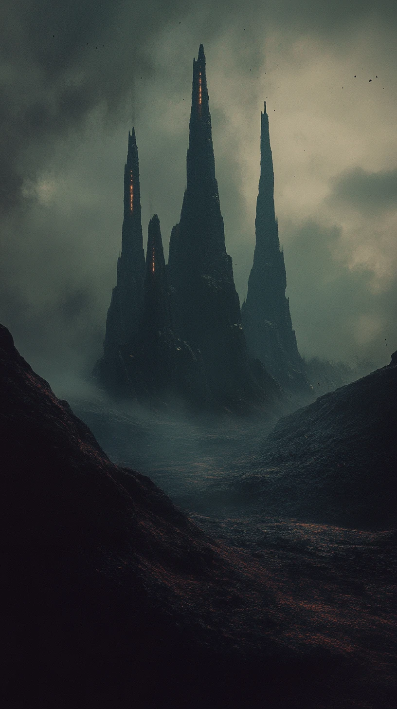 Paisagem de fantasia sombria com torres imponentes sob um céu negro