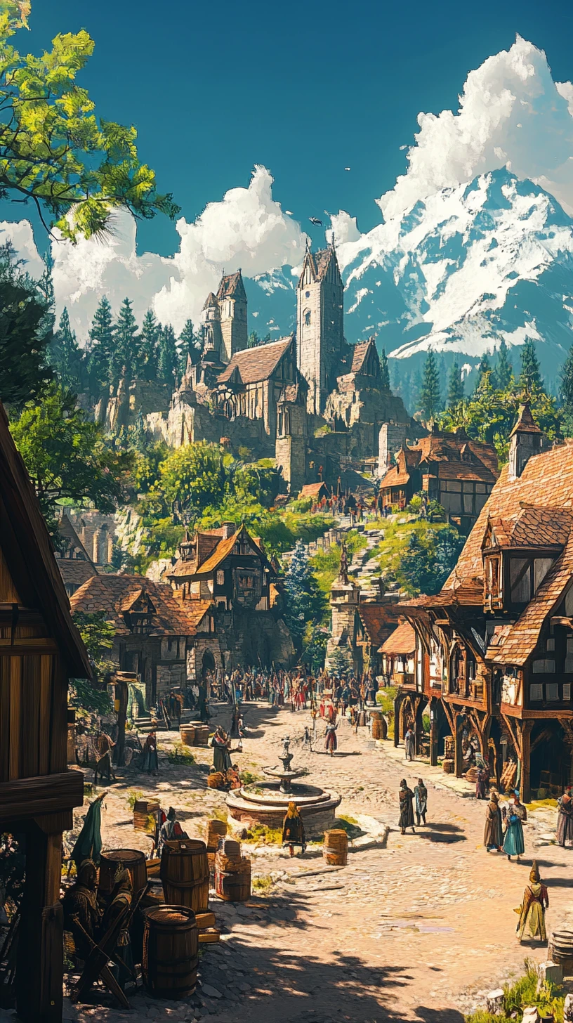 Royaume de fantasy médiévale avec place de village et montagnes lointaines