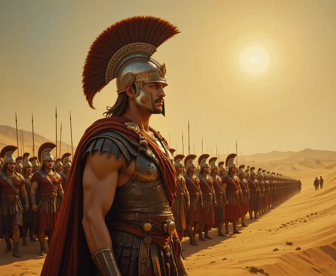 Roman centurion leading a legion across golden desert sands