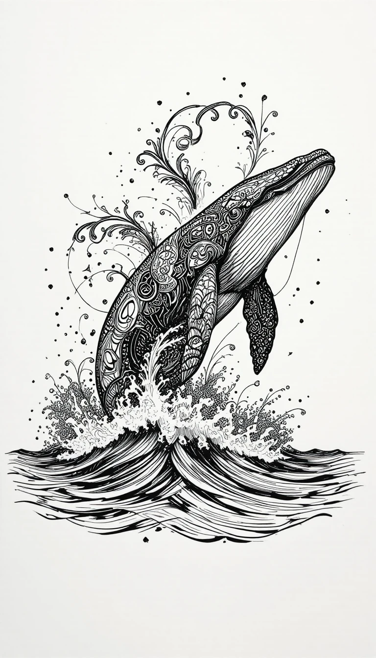 Baleia majestosa em zentangle saltando sobre um oceano calmo
