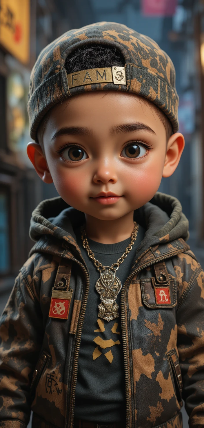 Bebê asiático em roupa de rapper com tartaruga na coleira