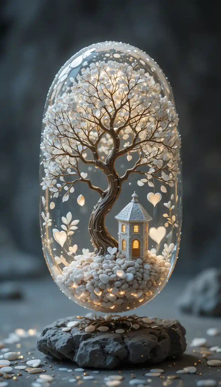 Glowing Pebble Sculpture Floating In Minimal White Space