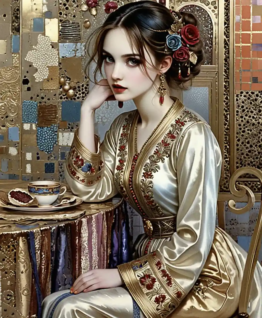 Elegant woman in red gown at a vintage cafe table