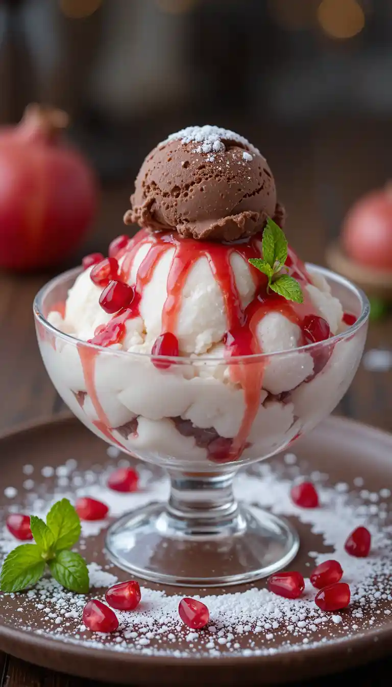White ice cream with pomegranate syrup in glass bowl