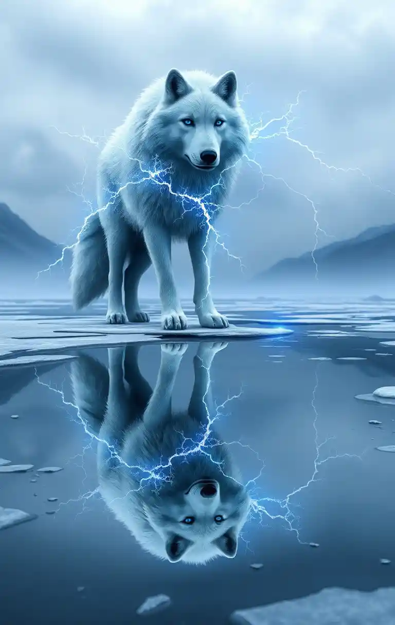 Lobo blanco de relámpagos junto a un lago congelado y reflectante