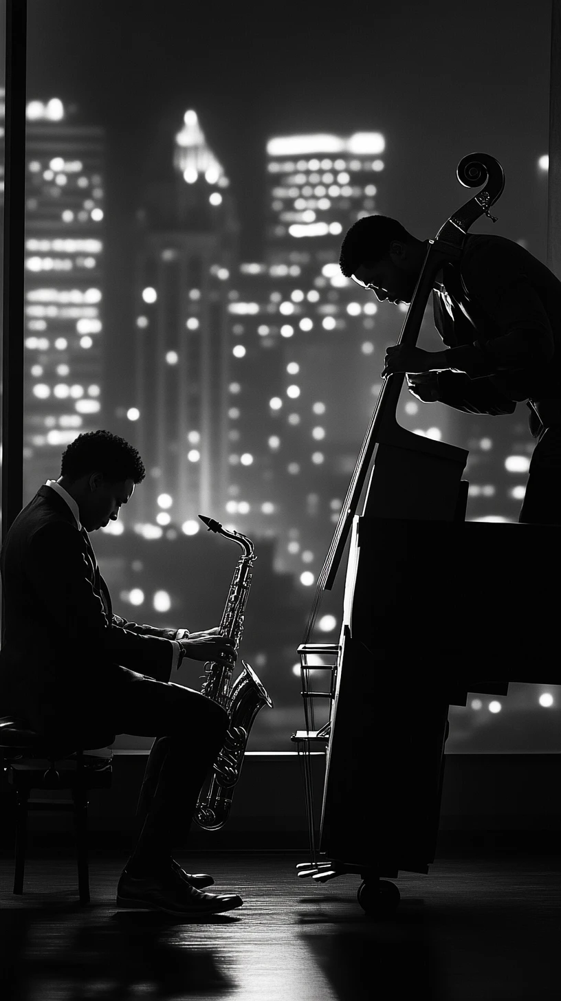 Músicos de jazz se apresentando em um clube com skyline da cidade
