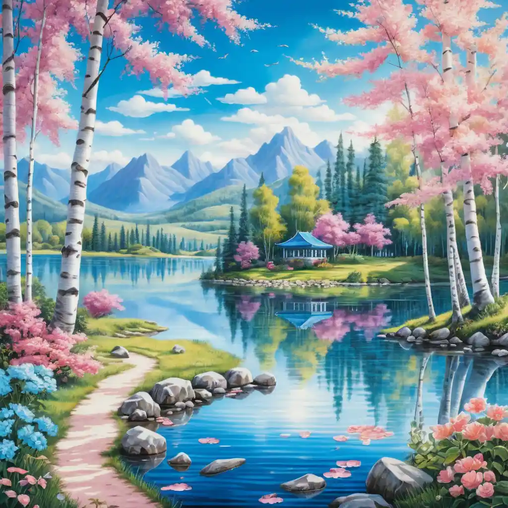 Surreal Summer Lakeside With Birch Trees And Flowers