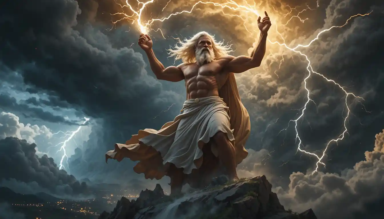 宙斯在暴風雨的天空中釋放雷電
