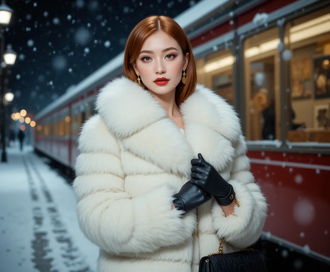Femme élégante en manteau de fourrure blanc lors d’une nuit d’hiver enneigée