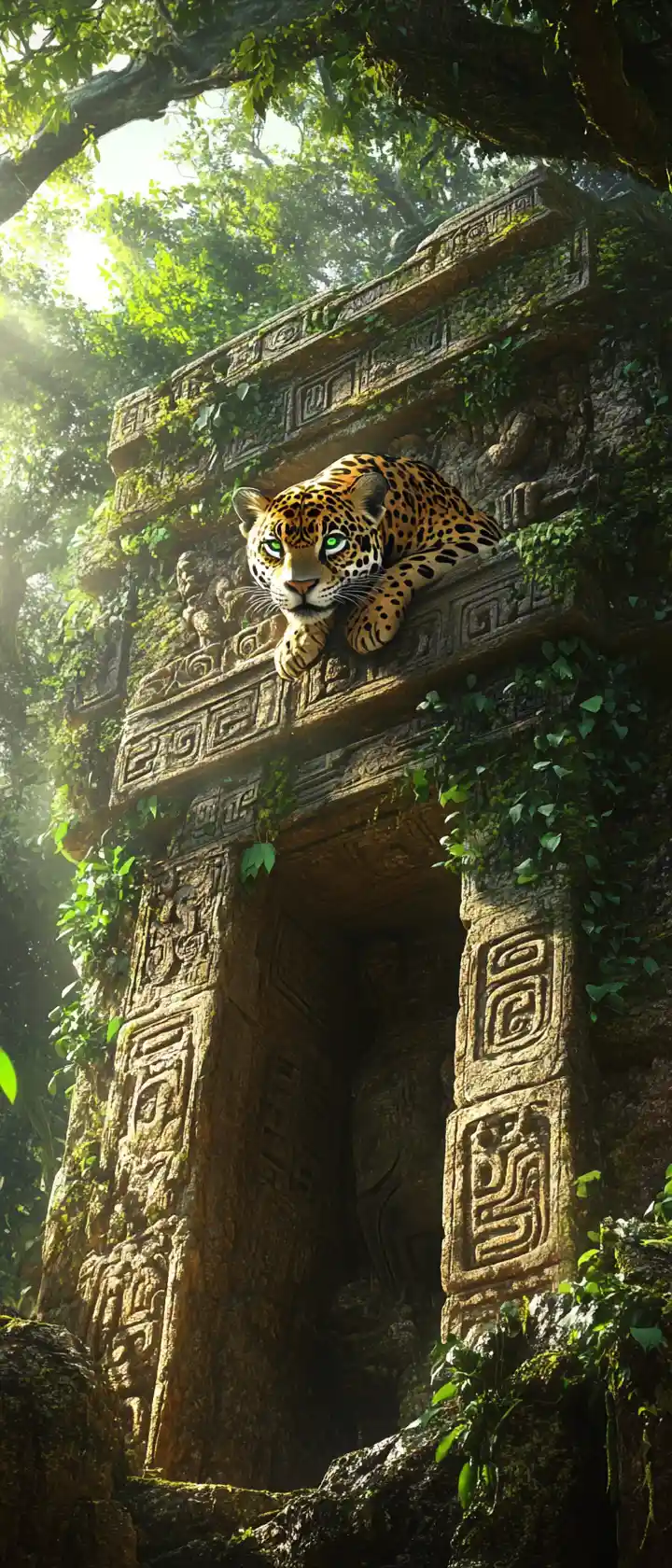Ancient jaguar guarding a hidden jungle temple entrance