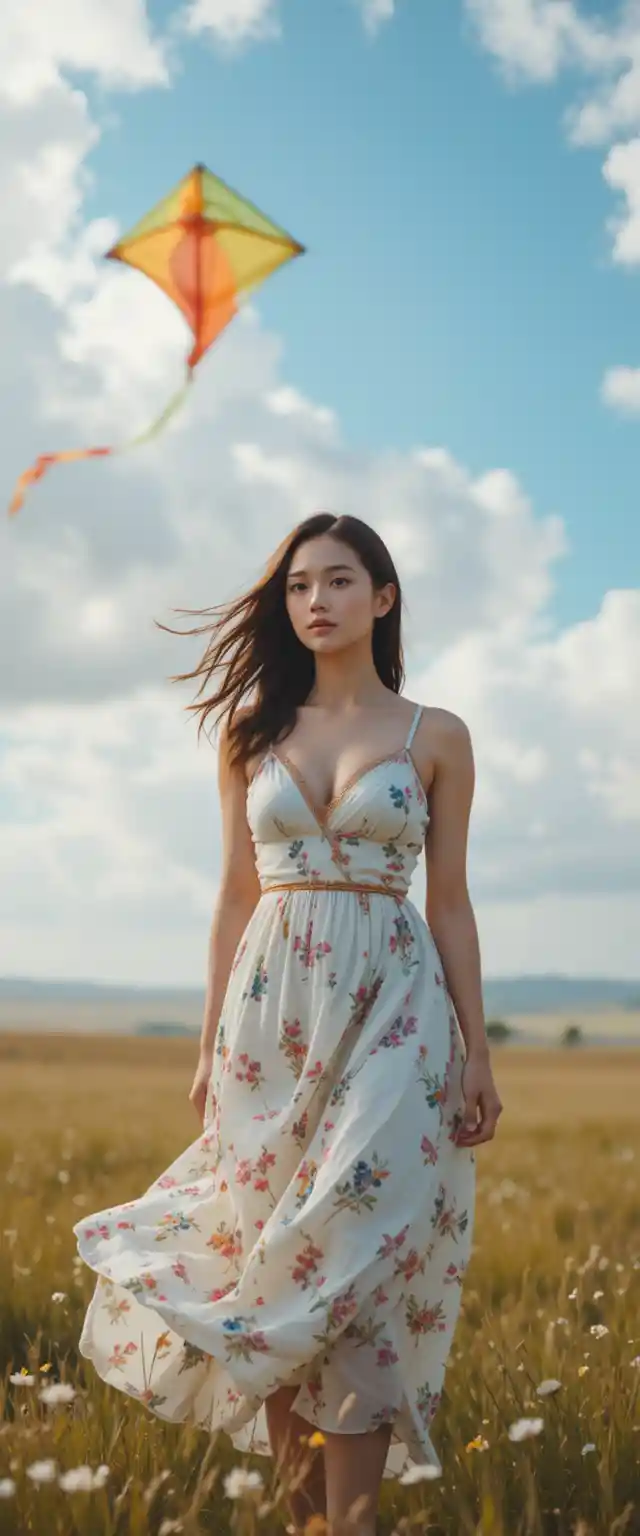 Woman in sundress on windy grassland flying a kite