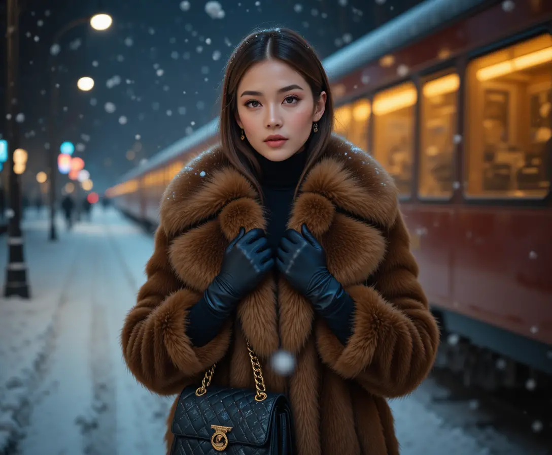 Femme élégante en manteau de fourrure par une nuit d’hiver enneigée