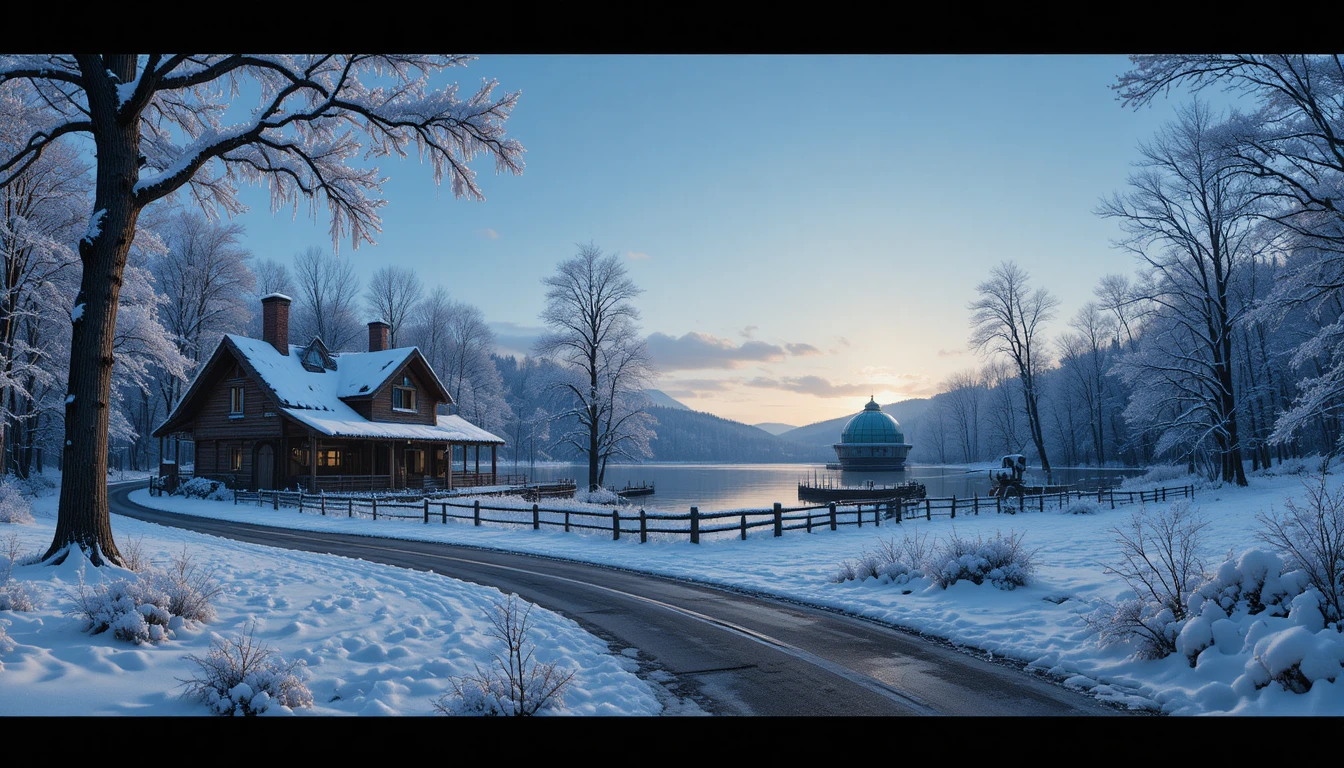 Snowy forest cabin at twilight with winter road and lake
