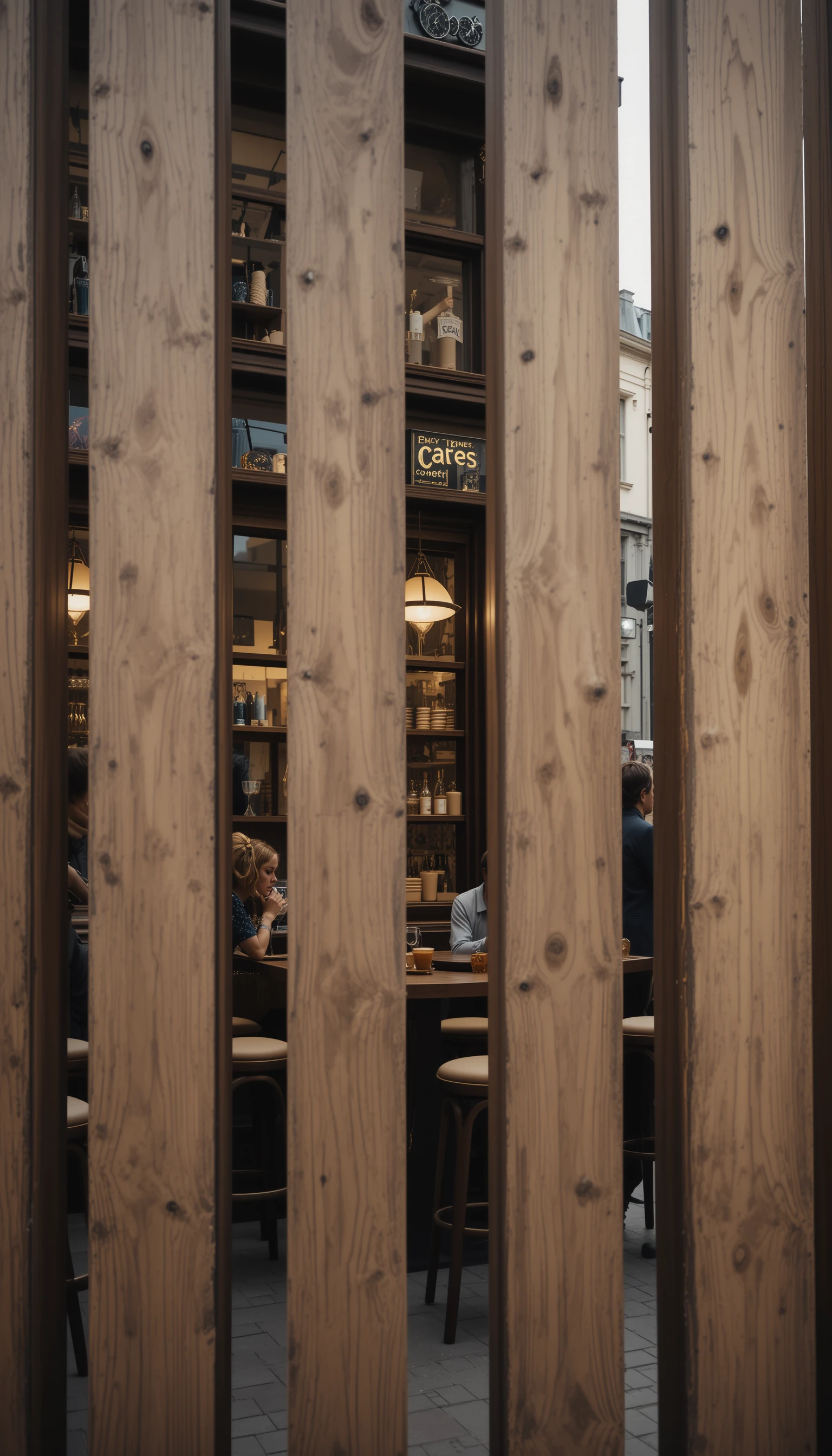 Cozy cafe on a narrow street with rustic wood framing