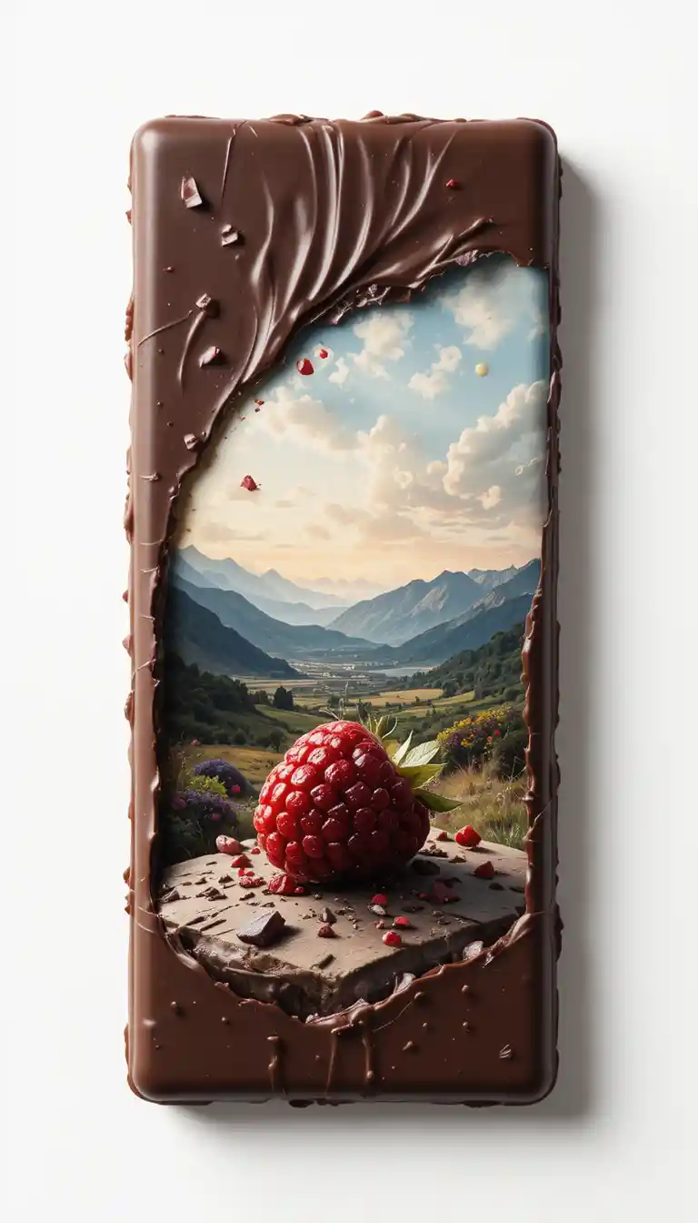 Himbeere auf Schokolade mit traumhafter Double-Exposure-Landschaft