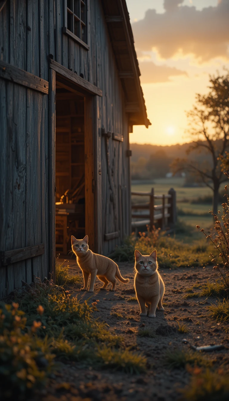Gato corajoso resgata cão assustado em um celeiro rústico ao pôr do sol