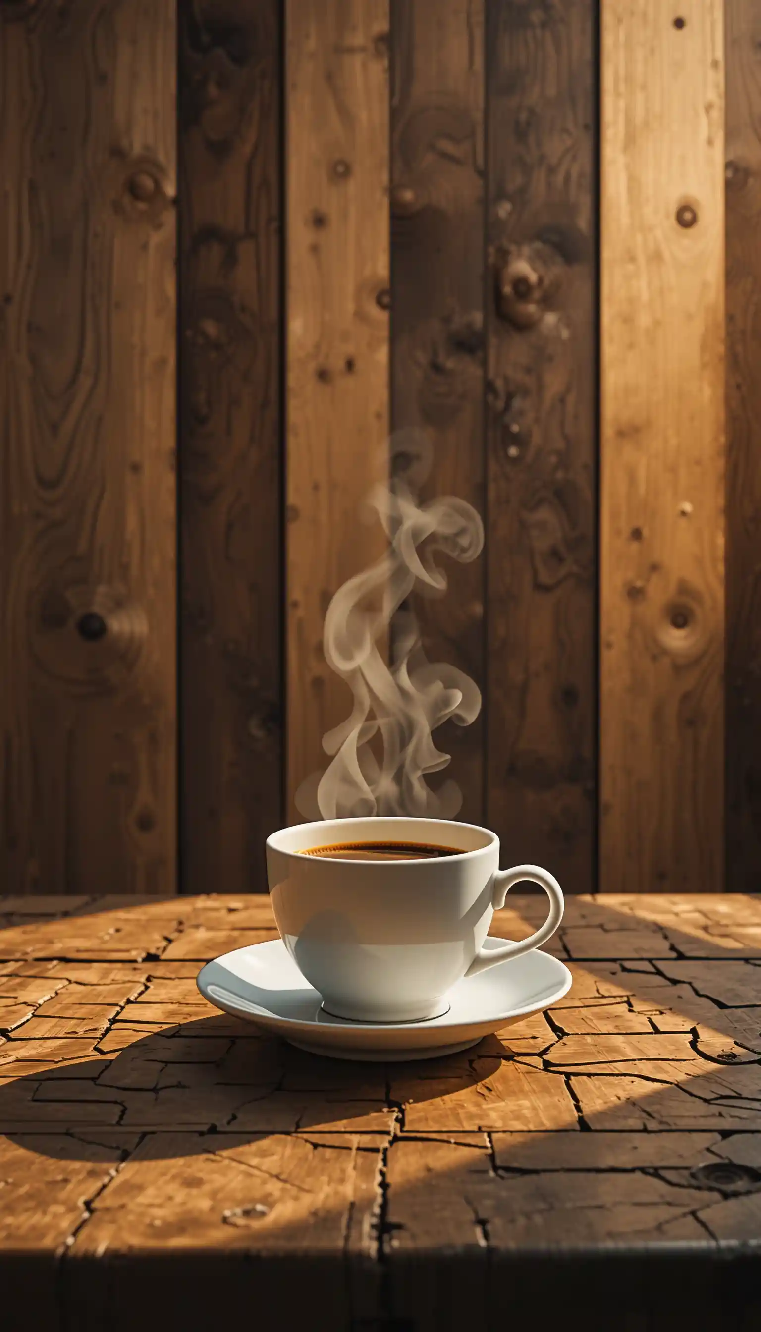 Xícara de café fumegante sobre mesa de madeira rachada em luz quente