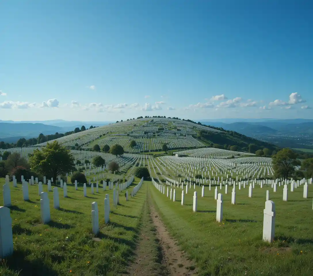 Vasto cimitero militare che si estende su dolci colline verdi