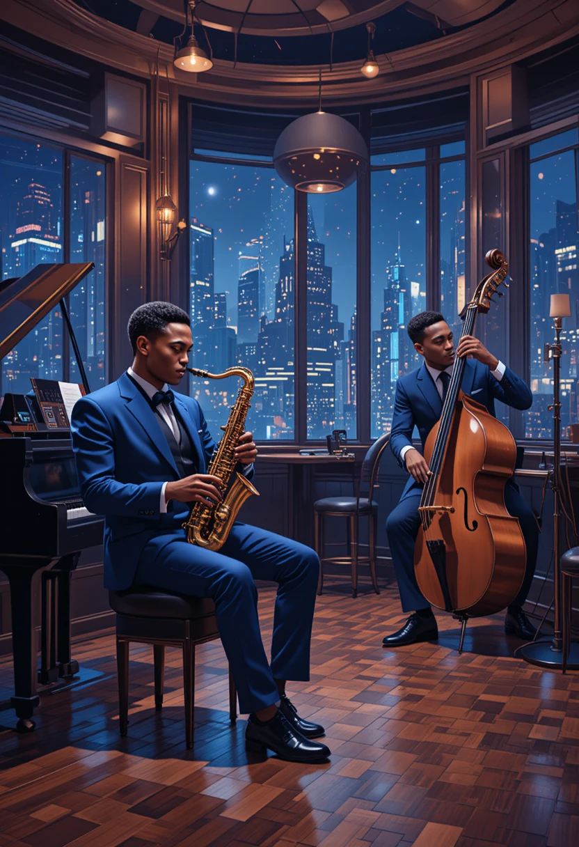 Stylish jazz saxophonist performing in an elegant lounge