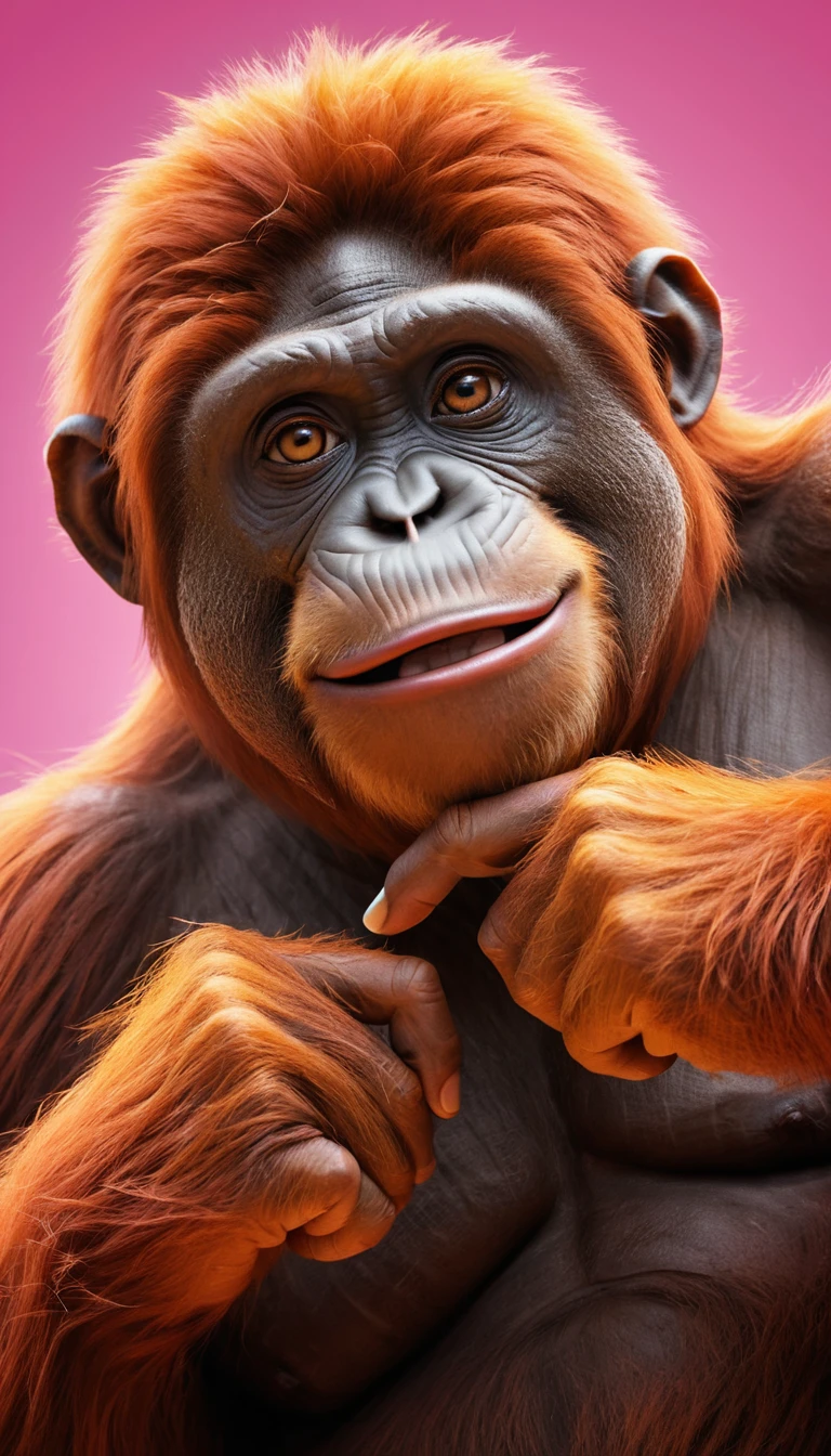 Verspielter 3D-Cartoon-Orang-Utan im pinken Kleid, der rockt