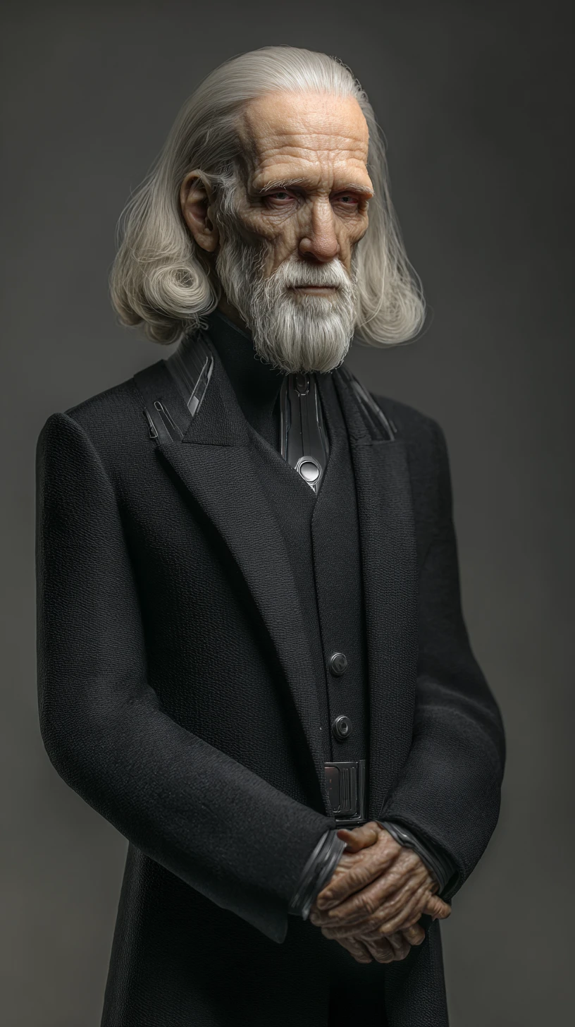 Elderly man in black suit with long grey hair portrait