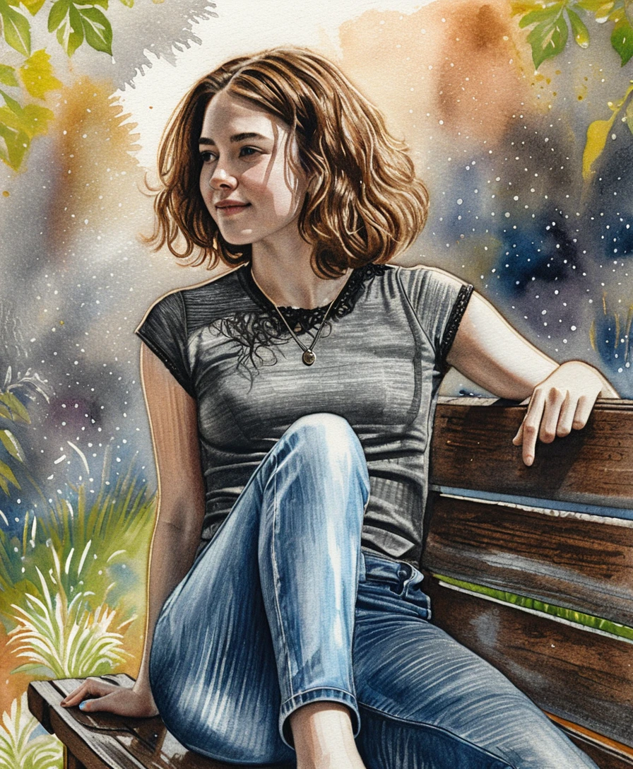 Young woman on a wooden bench in realistic pencil drawing