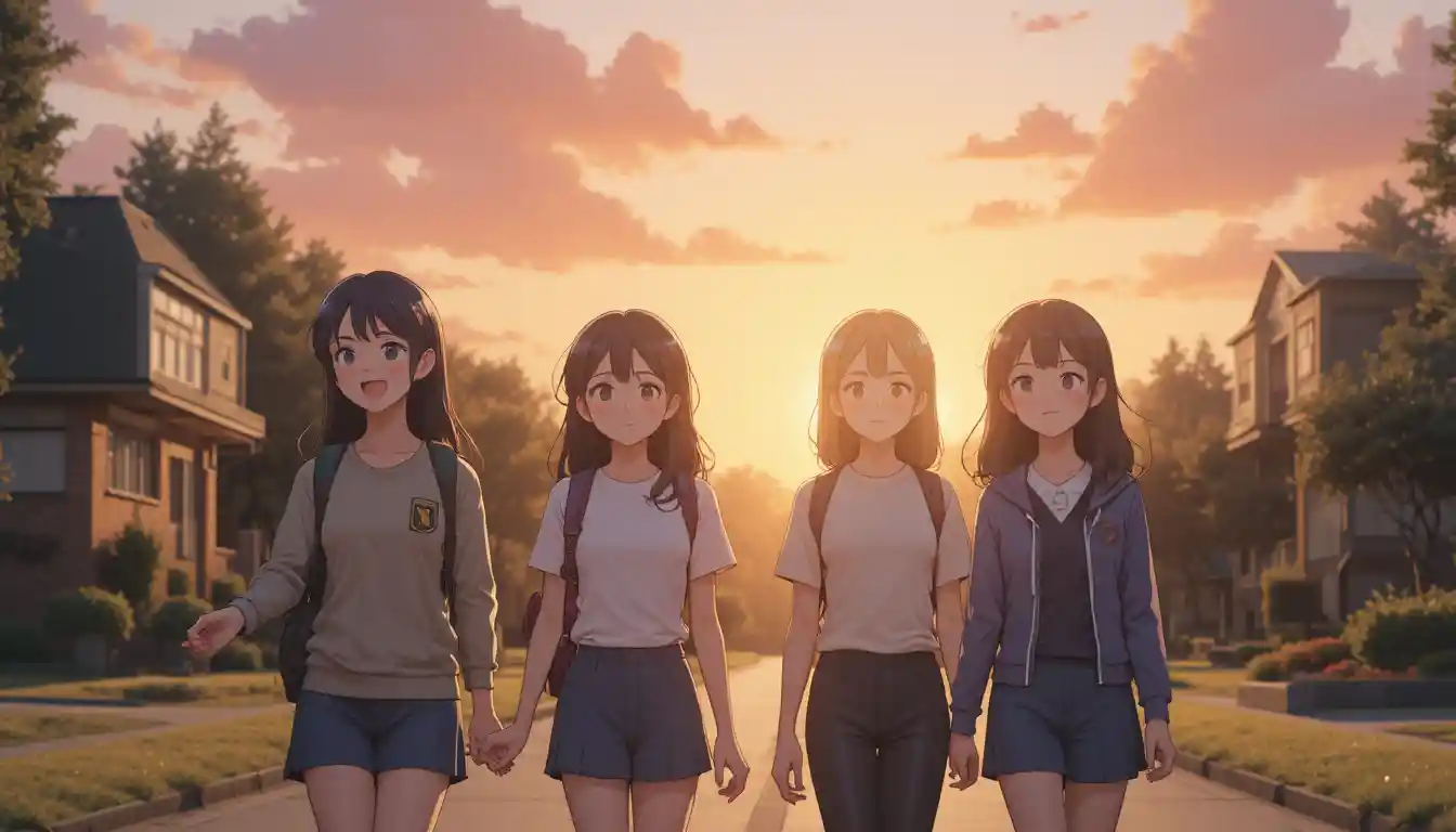 Amici anime che tornano da scuola sotto un dolce cielo al tramonto