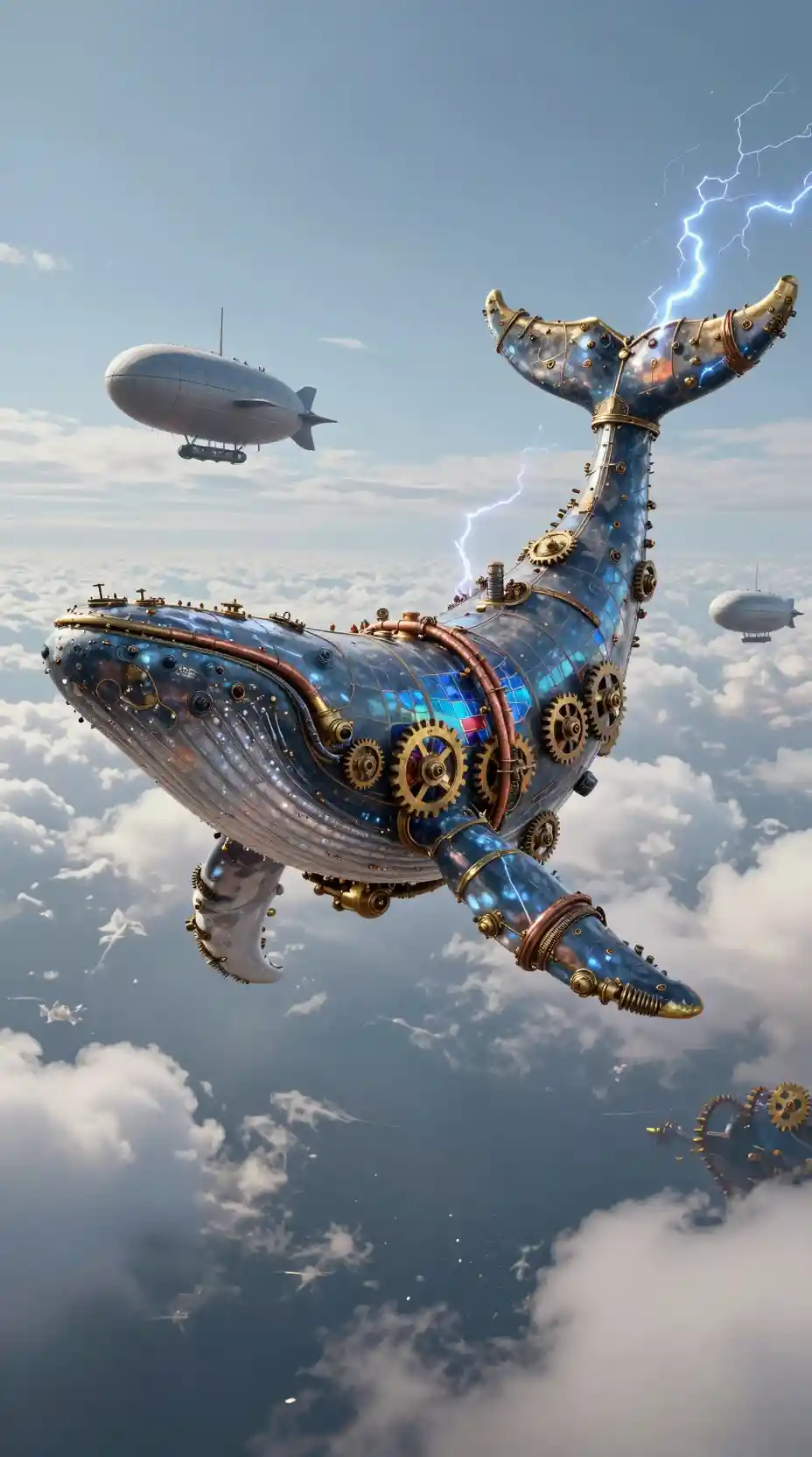 Gigantesque vaisseau-baleine steampunk glissant dans des cieux surréalistes
