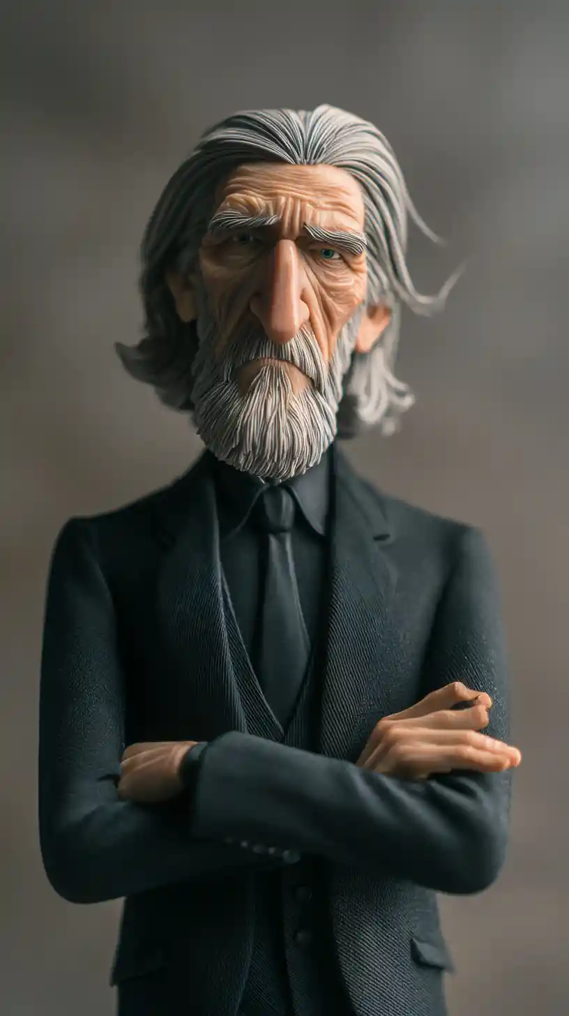 Figurine d’homme âgé en costume noir avec de longs cheveux gris