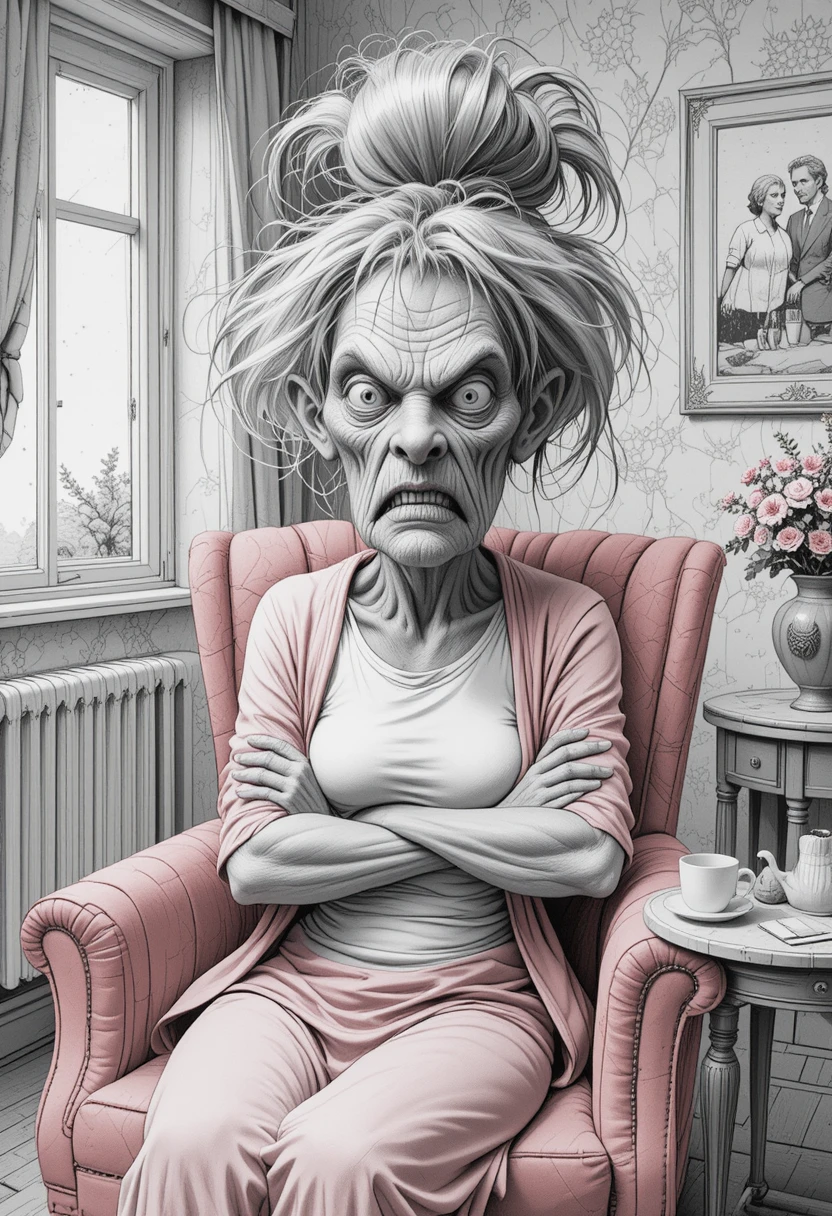 Angry elderly woman in pink armchair in cozy floral room