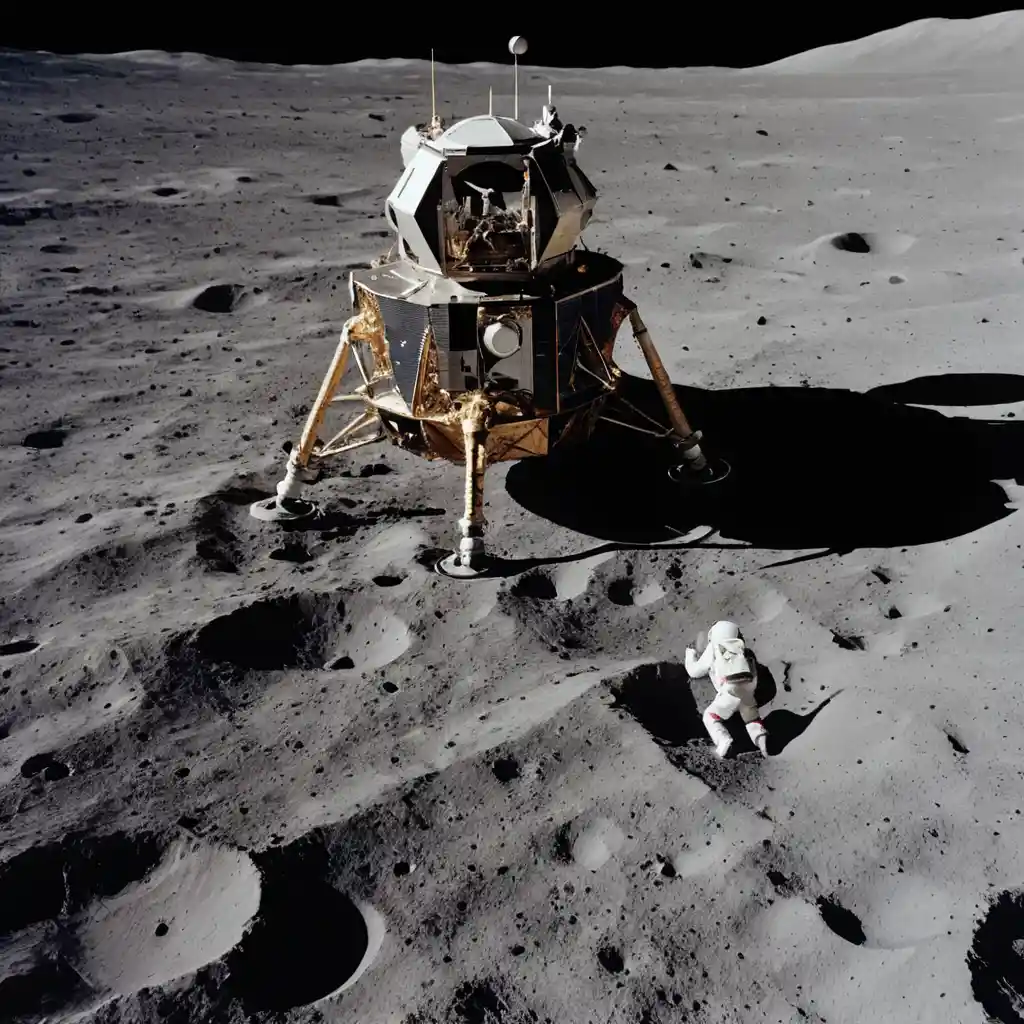 Einsamer Astronaut neben Mondlandefähre auf dem Mond