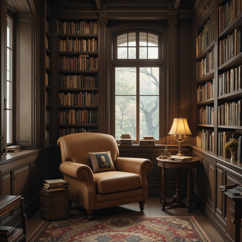 Cozy reading nook with armchair and tall bookshelves