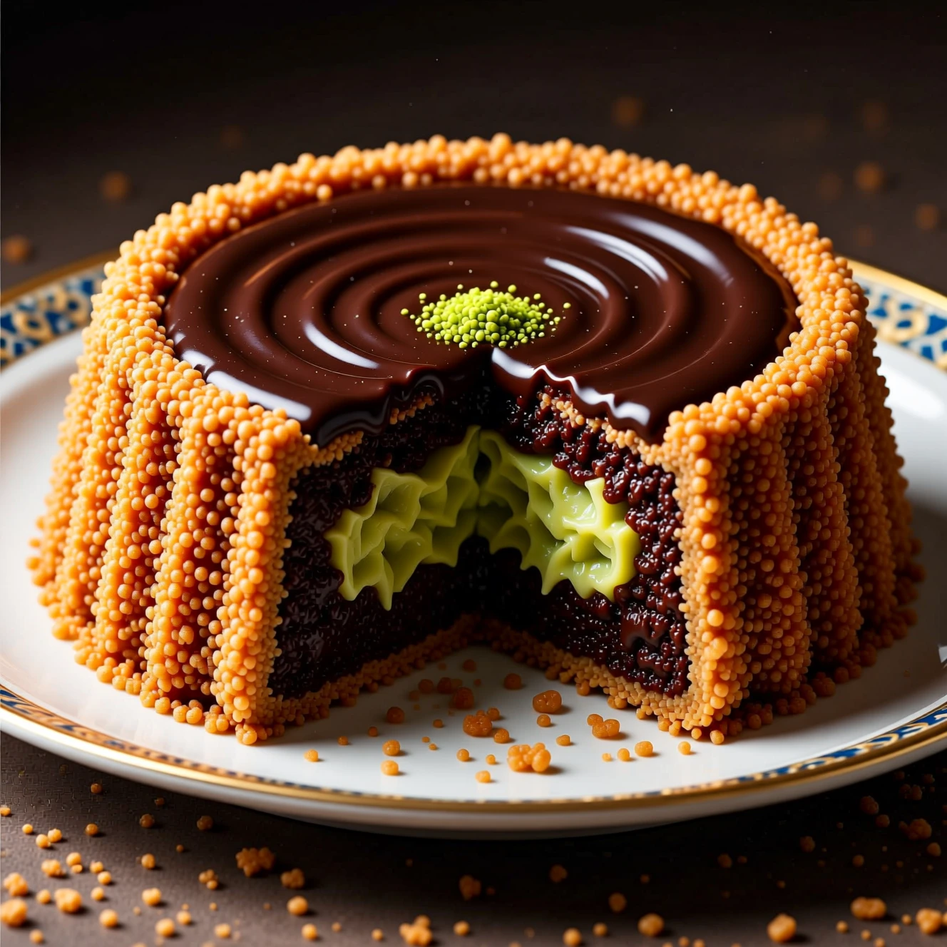 Postre decadente de chocolate y pistacho en un primer plano de ensueño