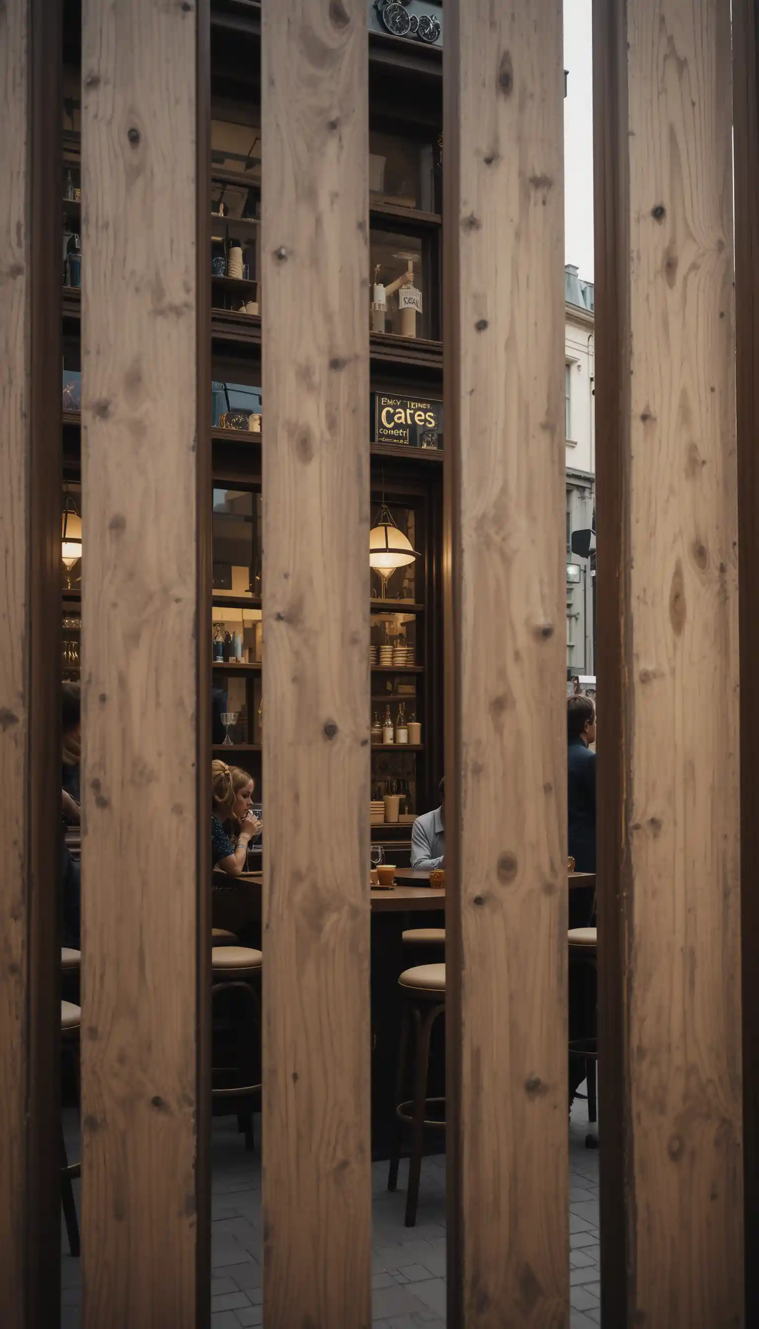 Cozy cafe on a narrow street with rustic wood framing