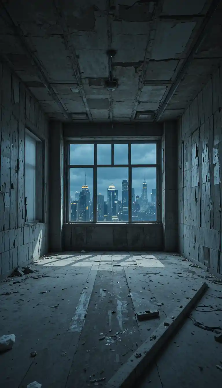 Moody unfinished penthouse bedroom with concrete walls