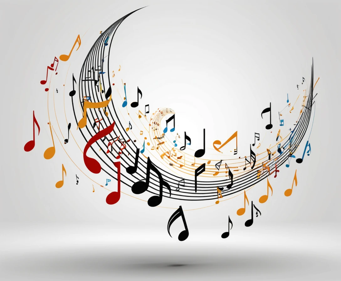 Notas musicais flutuando em uma composição abstrata dinâmica