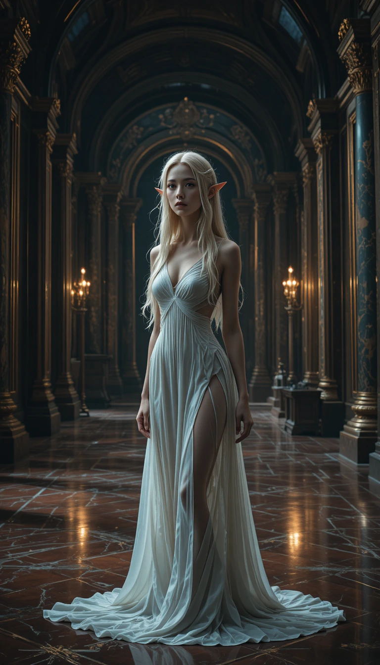 Elegant elf girl in a grand marble hall with mirrors
