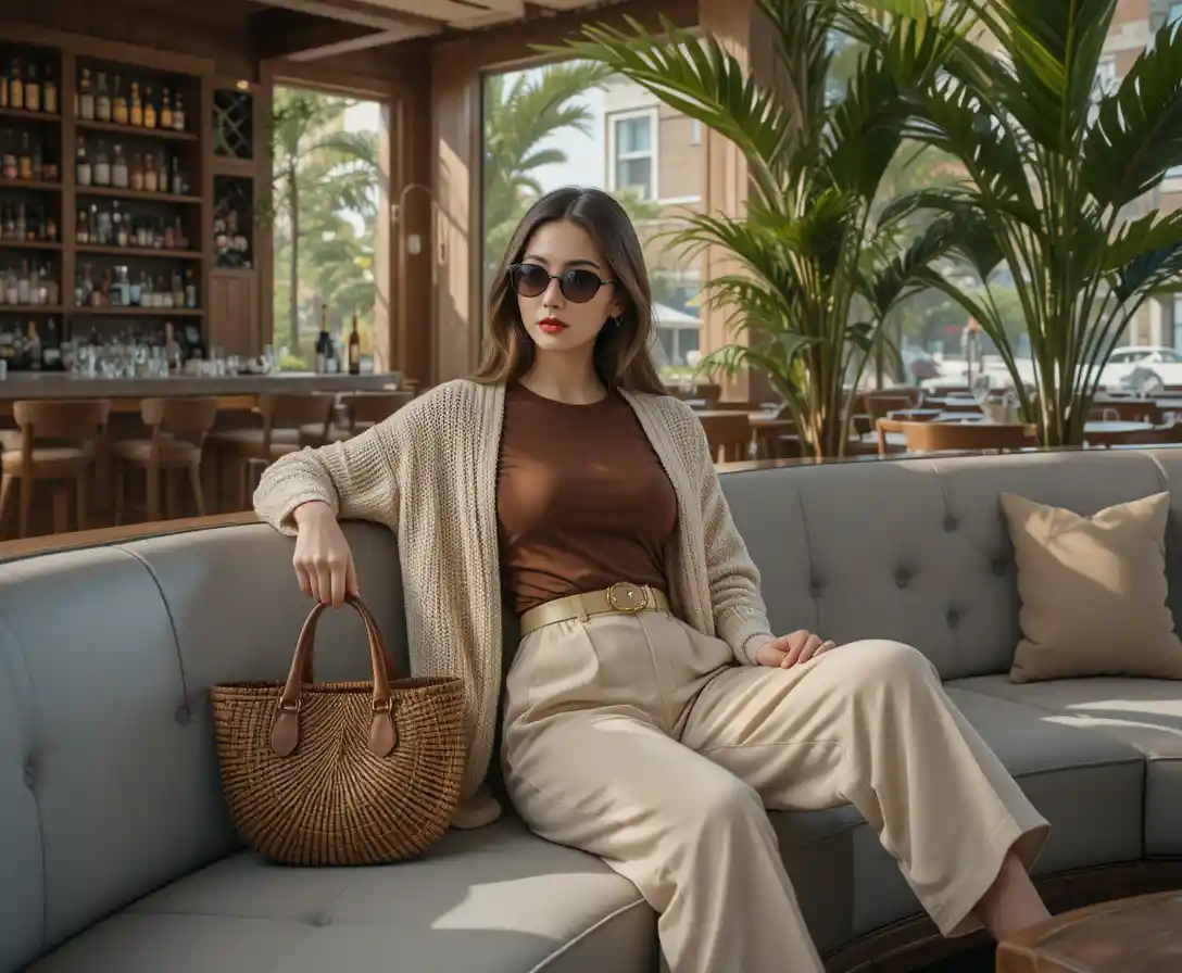Relaxed woman on curved sofa in a cozy bar interior