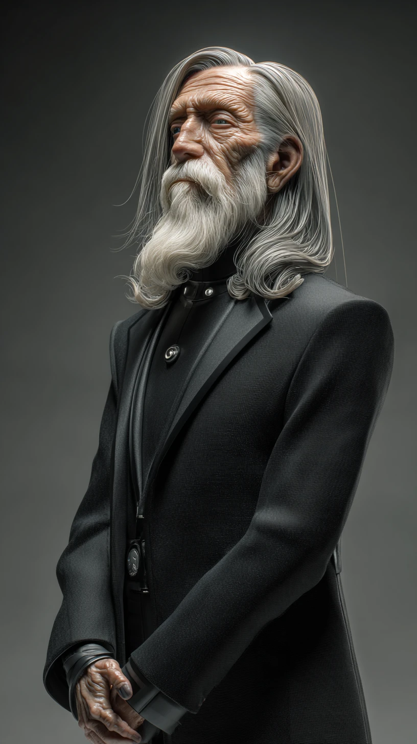 Elderly man in black suit with long gray hair and beard