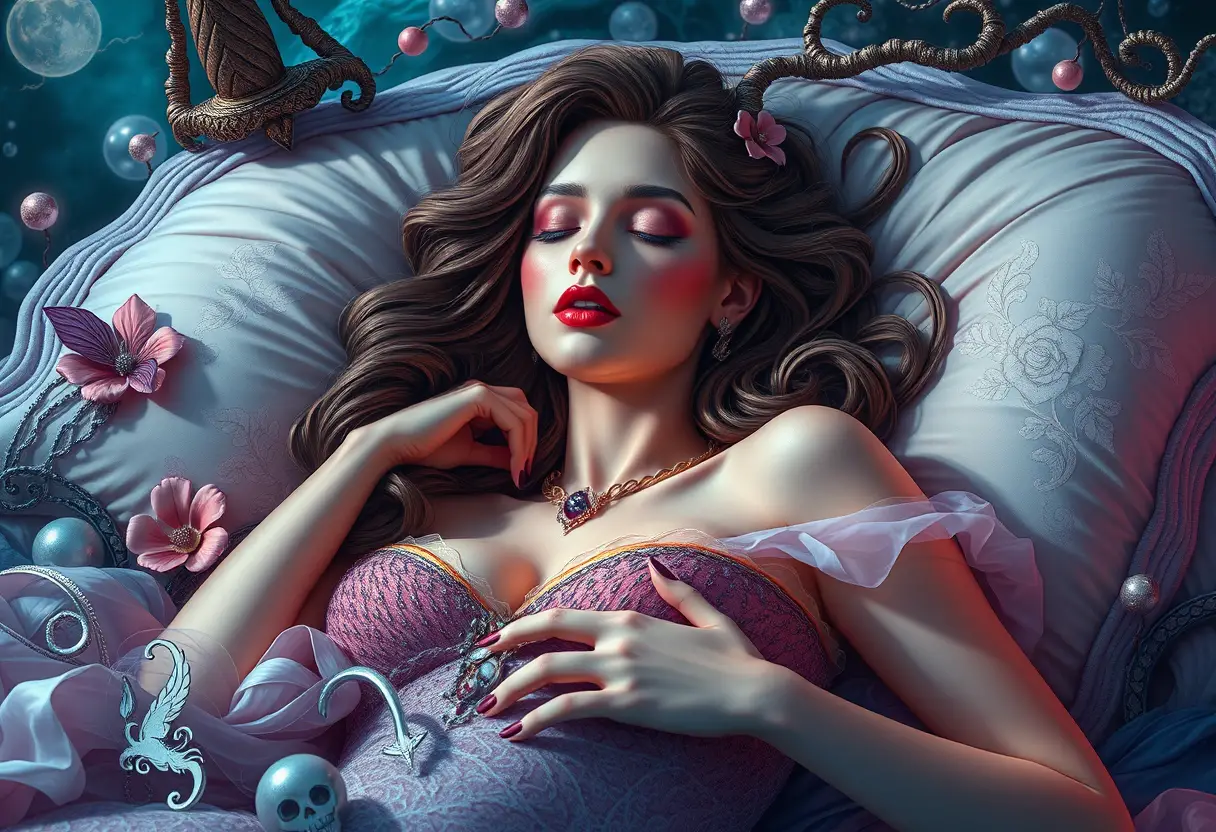Sereia adormecida em uma cena de fantasia pop surreal e lúdica
