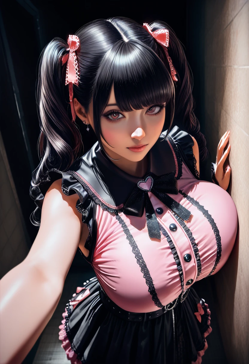 Cute girl in a dark alley close to the viewer