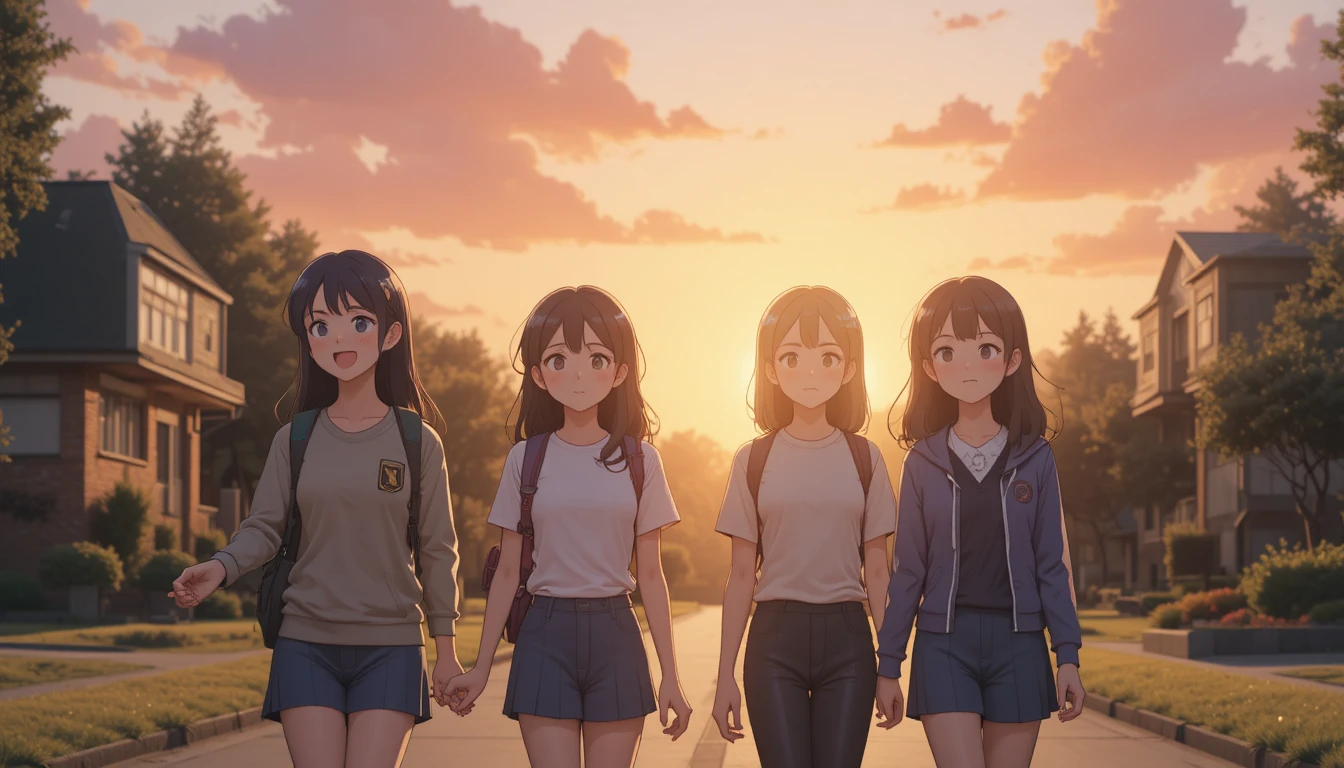 Amici anime che tornano da scuola sotto un dolce cielo al tramonto
