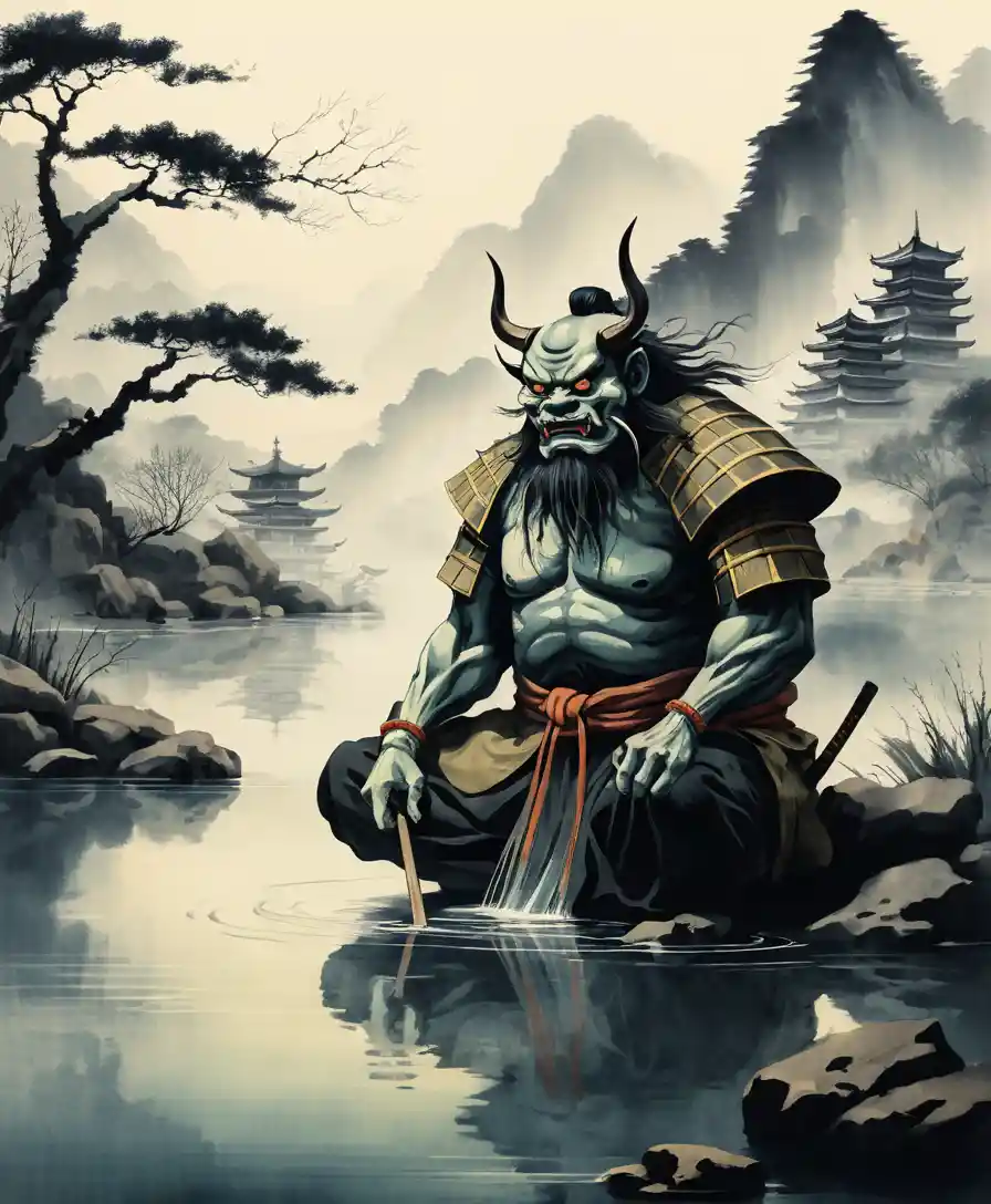 Traditional Japanese oni spirit in ink river landscape