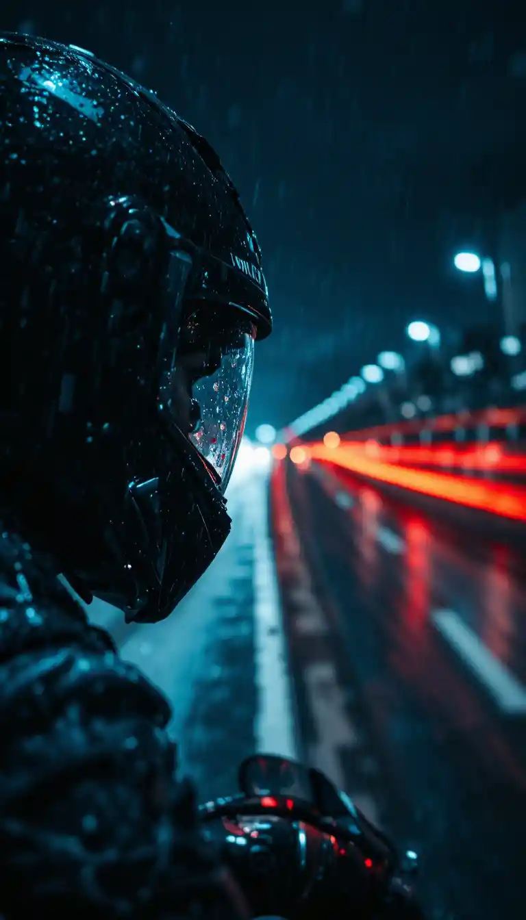 Rain streaked motorcycle helmet at night on fast highway