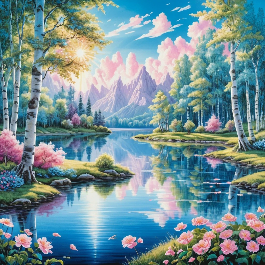 Surreal summer lakeside with birch trees in pastel colors