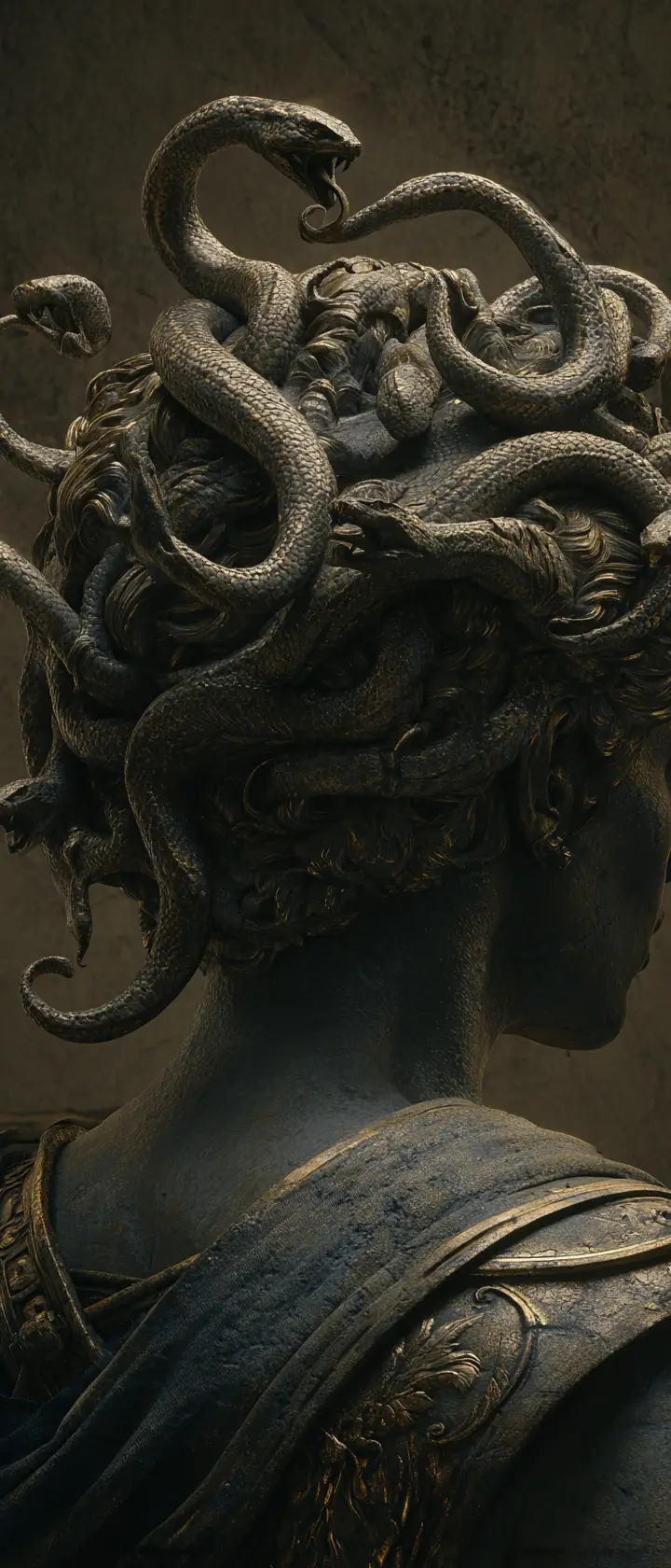 Primo piano di Medusa con serpenti contorti e guerriero pietrificato