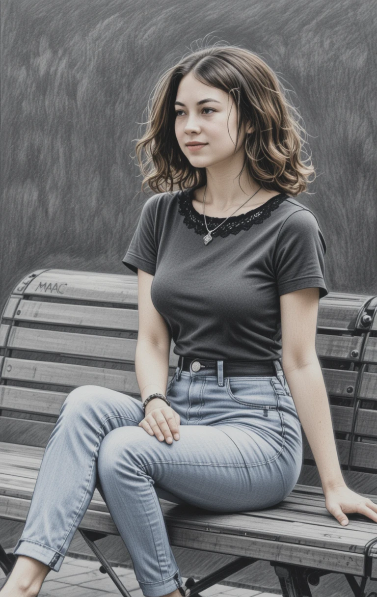 Young woman sitting sideways on a wooden bench