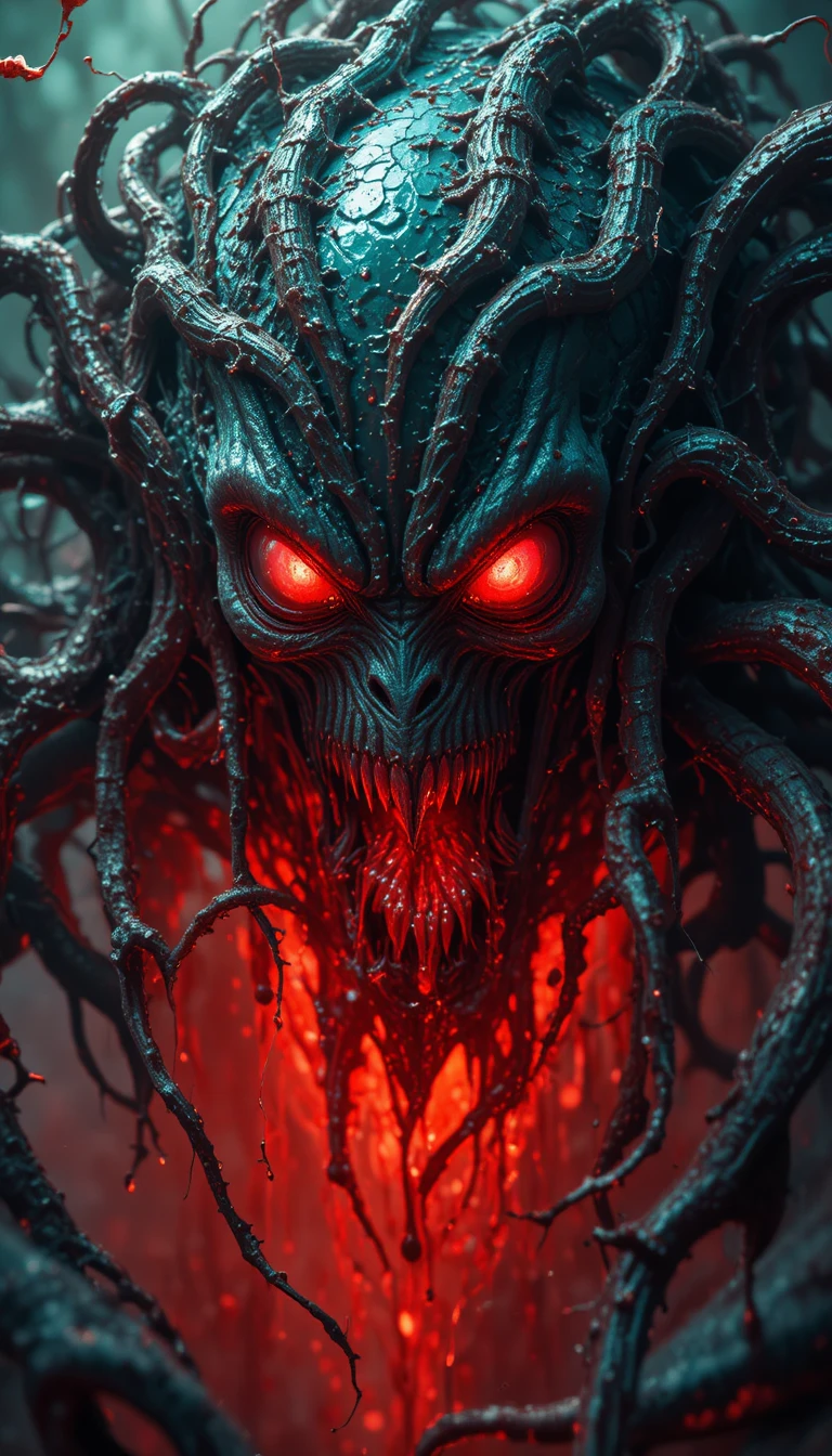 Monstro grotesco surgindo de um enxame contorcido de insetos